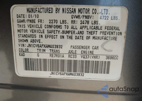 2010 Infiniti G37 Journey from USA, damaged, VIN JN1CV6APXAM403932